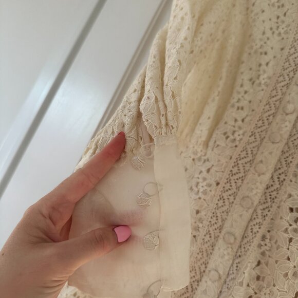 Veronica Beard Lace Mini Dress Sz 4 In Stone Khaki Button Down Ruffle Skirt - Picture 4 of 11